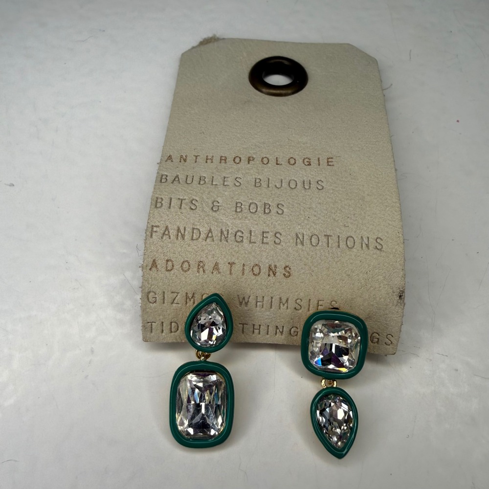 NEW Anthropologie Teal Enamel Crystal Drop Earrings Gold Tone Asymmetrical
